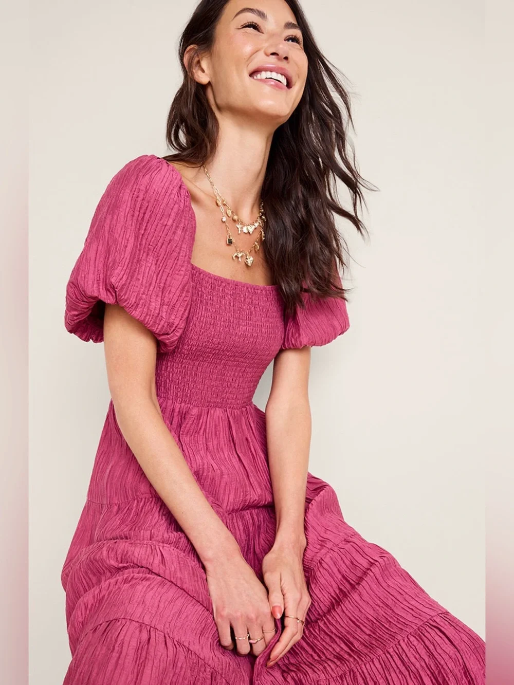 Stacey Puff Sleeve Smocked Rose Boho Midi Dress